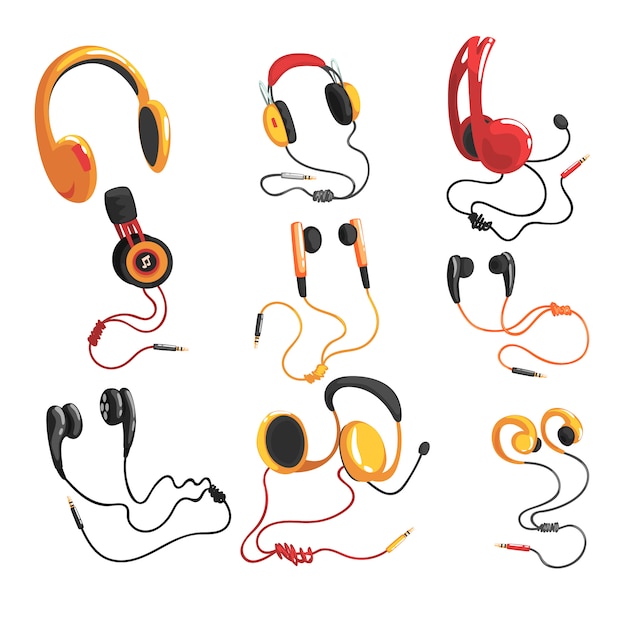Headphones and earphones set, music technology accessory  Illustrations on a white background