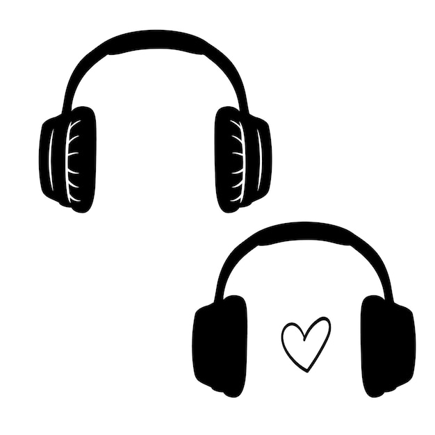 Headphones headset with heart Monochrome sketch outline vector Device audio accessory icon