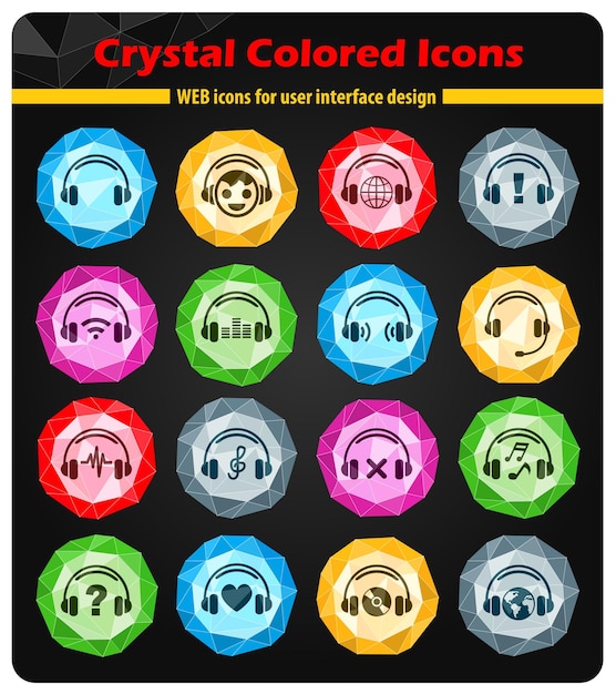 Vector headphones icons on colored buttons crystals