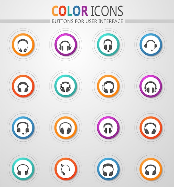 Headphones icons on round white buttons with color strokes