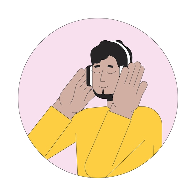 Vector headphones middle eastern guy bearded 2d line vector avatar illustration carefree arab man listening to music beats outline cartoon character face music lover flat color user profile image isolated