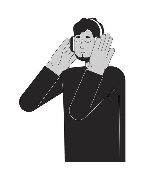 Vector headphones middle eastern guy bearded black and white 2d line cartoon character carefree arab man listening to music isolated vector outline person music lover monochromatic flat spot illustration