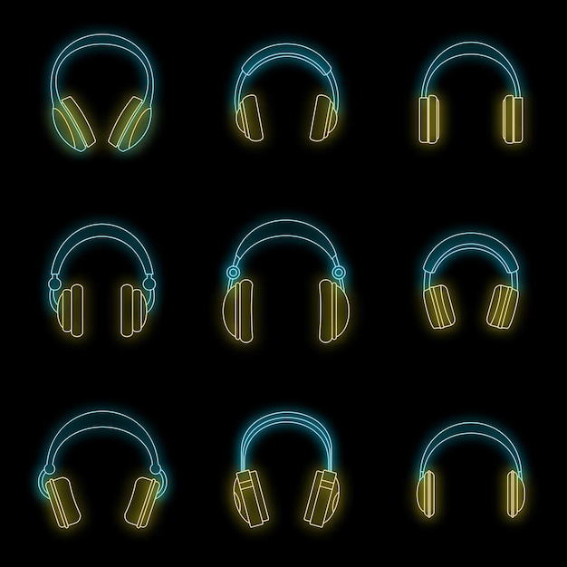 headphones music listen speakers headset icons set outline illustration of 9 headphones music listen speakers headset vector icons neon color on black