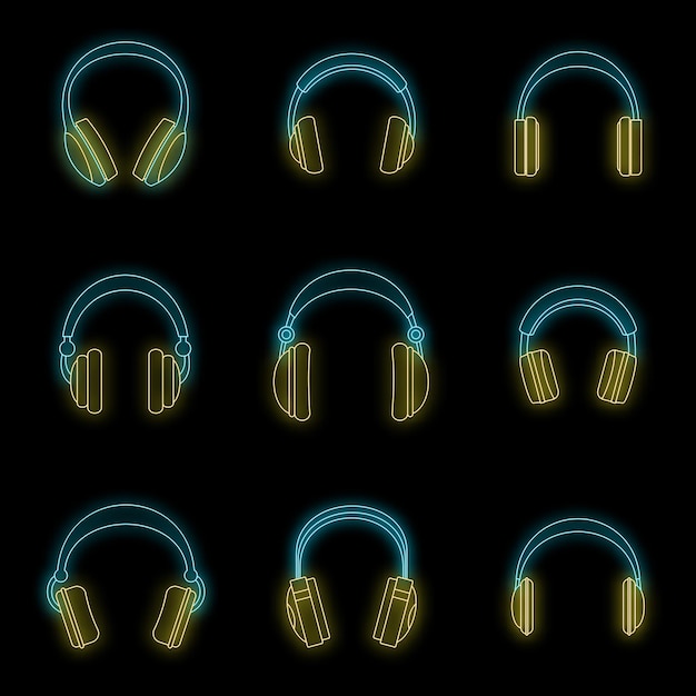 Vettore auricolari ascoltare musica altoparlanti auricolari icone set illustrazione generale di 9 auricolari musicalmente ascoltare altoparlante auricolari vettoriali icone colore neon su nero