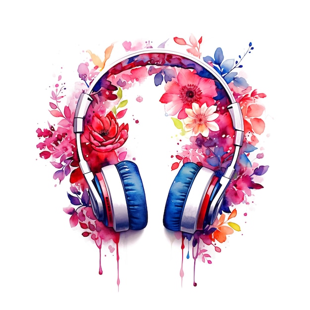 Vector headphones surrounded by flowers watercolor paint