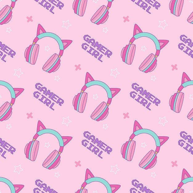 분홍색 배경의 게이머 소녀를 위한 고양이 귀가 있는 헤드폰 카와이 스타일의 벡터 매끄러운 패턴
