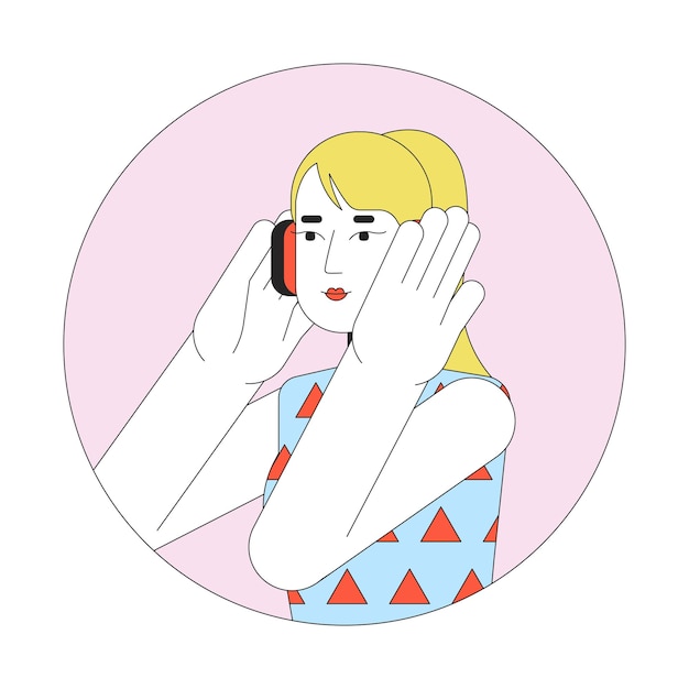 Headphones woman blonde 2D line vector avatar illustration Girl european listening music outline cartoon character face Podcast listener Happy melomaniac flat color user profile image isolated