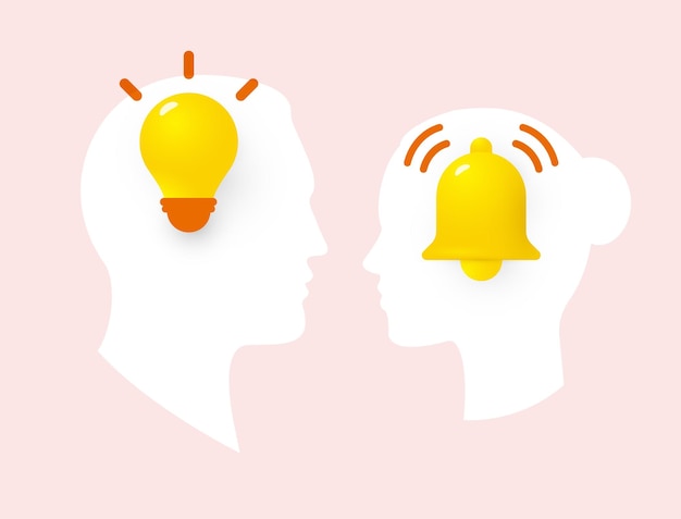 Heads silhouette of male and female with light bulb idea symbol and ringing bells panic attack sy