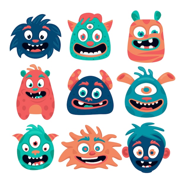 Heads of various cute monsters illustration