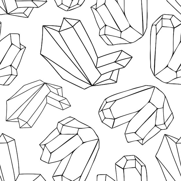 Healing crystals seamless pattern Black outline gems and minerals silhouettes background