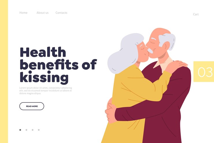 Health benefits of kissing landing page with old senior man woman couple hugging design Website vector illustration for online service offering information about people relationship and healthcare