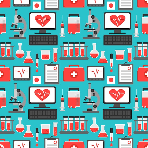 Health Care blood analysis flat seamless set with computerVector illustration