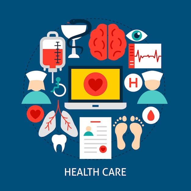 Плоская концепция здравоохранения. дизайн плаката векторные иллюстрации. набор объектов медицины.