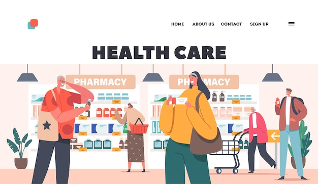 Health Care Landing Page Template Characters Purchase Drugs in Pharmacy Store Customers Walking along Shelves with Medications and Pills with Shopping Trolleys Cartoon People Vector Illustration