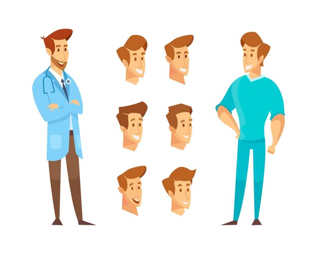 Health care Male Doctors constructor flat vector characters isolated on white