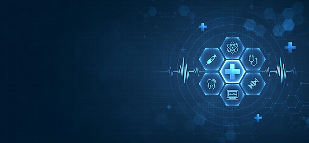 Здравоохранение медицинская наука с иконой цифровая технология мировая концепция современный бизнес инновации лечение медицина резюме о высоких технологиях будущее синий фон и вектор медицинских исследований