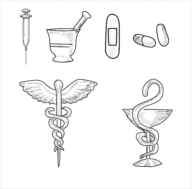 Set disegnato a mano di assistenza sanitaria e medicina, illustrazione dello schizzo vettoriale.