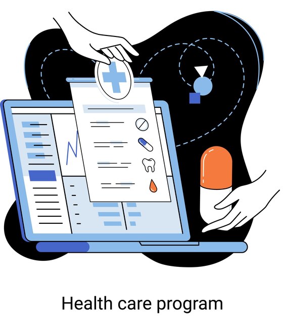Metafora del programma di assistenza sanitaria servizi medici online medicina di protezione assicurazione medica servizi ospedalieri controllo preventivo certificato di congedo per malattia trattamento diagnosi pazienti telemedicina