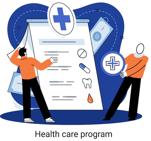 Health care program metaphor online medical services protection medicine Medical insurance hospital services preventive check up sick leave certificate treatment diagnosis patients telemedicine