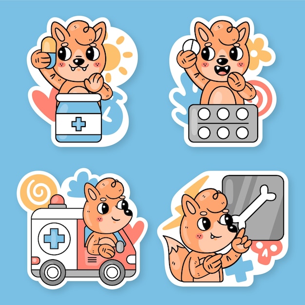 Vector health care stickers collection with fred the fox