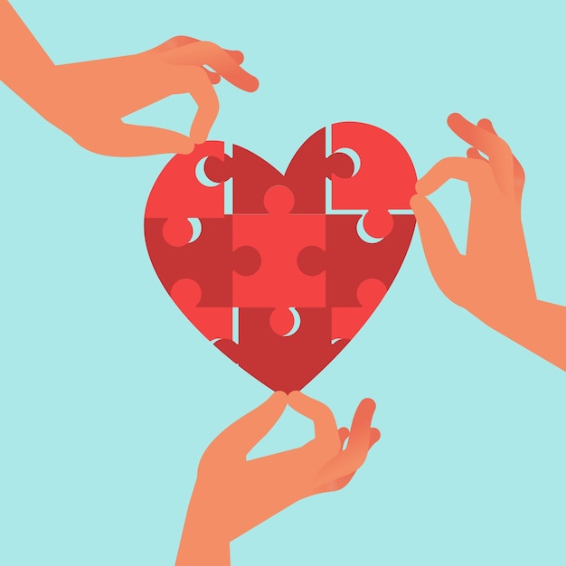 Vector health care team in unity hands assemble heart puzzle volunteer teamwork joint help sharing love support and donation people mutual assistance vector cartoon flat charity concept