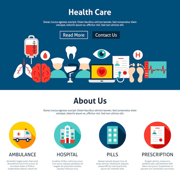 Vector health care website design. vector illustration. medical flat web concept.