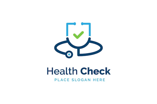 건강 확인 로고 디자인 템플릿입니다. 검사 목록 모양으로 청진 기 아이콘입니다. 건강 및 의학 기호