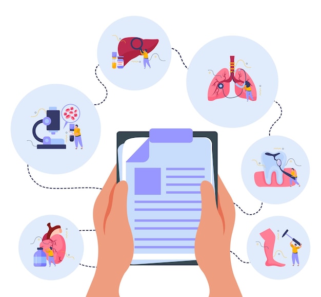 Health checkup composition with medicine and treatment symbols flat illustration