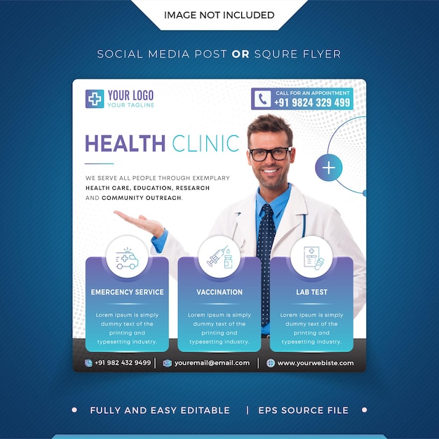 Health clinic social media and square flyer design template