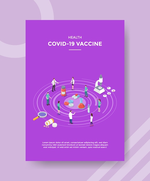 템플릿 전단지에 대한 약물 현미경 병 주사기 주위에 서있는 건강 covid 19 백신 사람들 의사 과학자