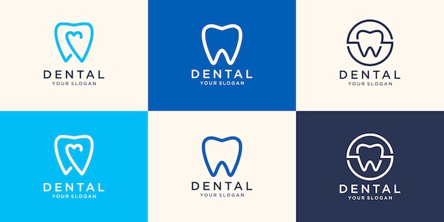 健康歯科ロゴデザインテンプレート線形スタイル。歯科医院のロゴタイプ。