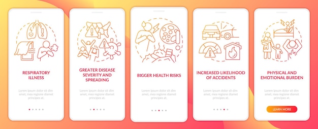 Health effects of overcrowding red gradient onboarding mobile app screen