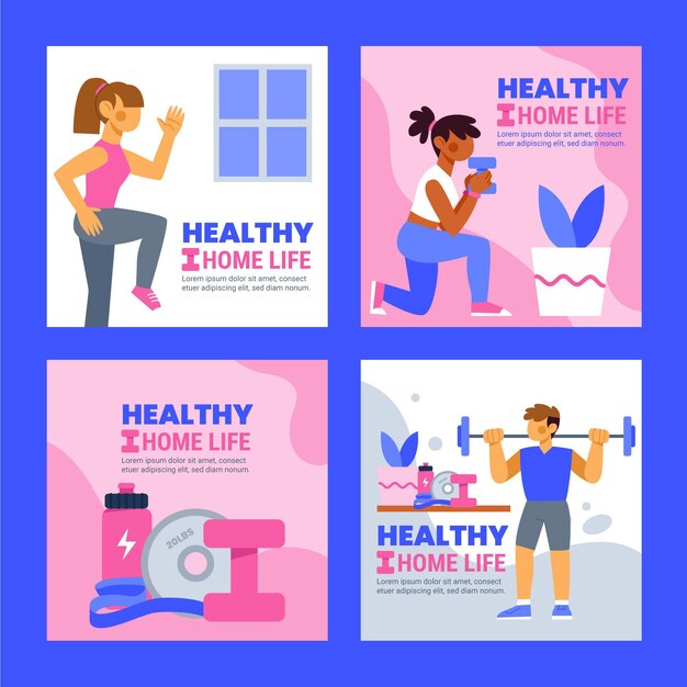 Vector health and fitness instagram posts collection