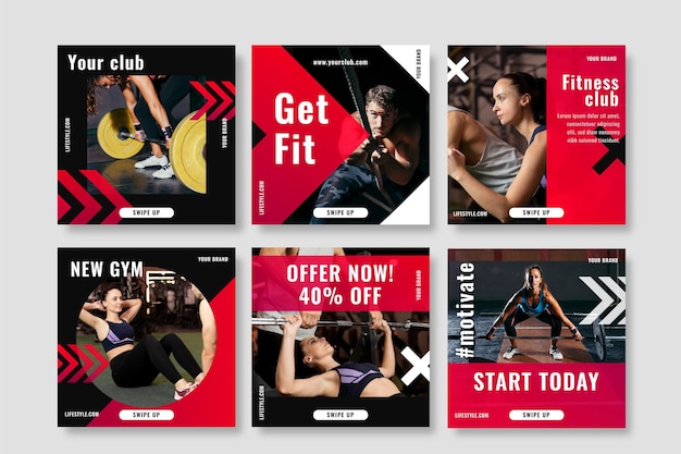 Vector health and fitness post set with photo