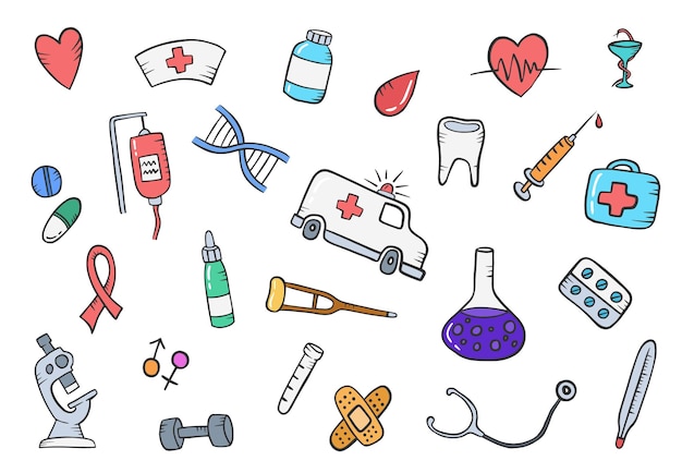 Health or healthcare medical doodle hand drawn set collections with flat outline style vector illustration