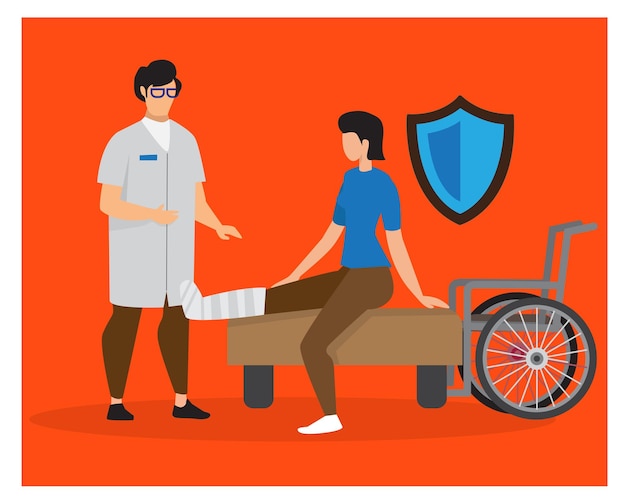 health insurance banner with female character broken leg sees a doctor from accident and injury