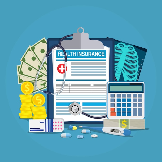 健康保険の計算の概念。聴診器、薬、お金、電卓、体温計、x線