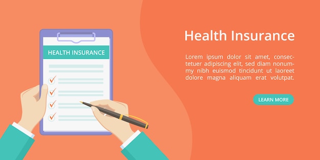 Vector health insurance on clipboard with hands