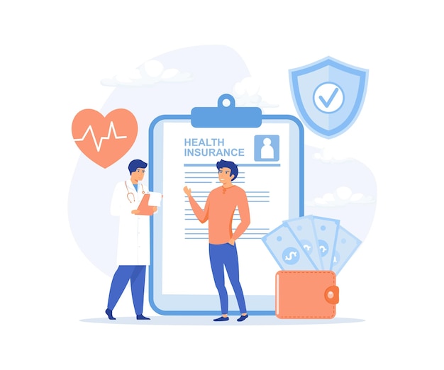 Vector health insurance concept doctor and patient with health insurance form healthcare finance and medical service flat vector modern illustration