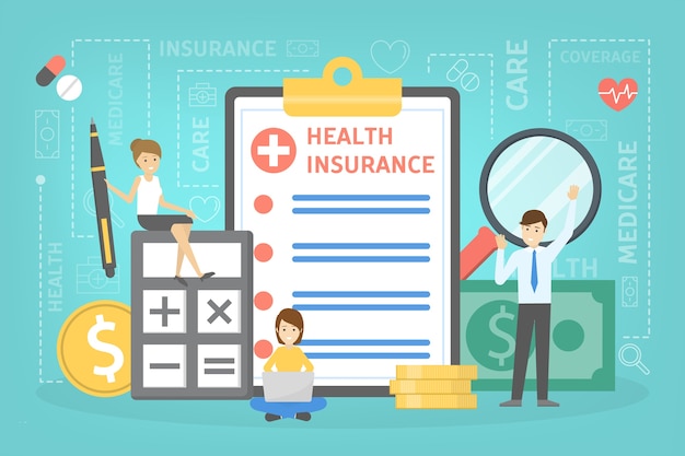 Vector health insurance concept. people standing at the big clipboard with document on it. healthcare and medical service. money pile.