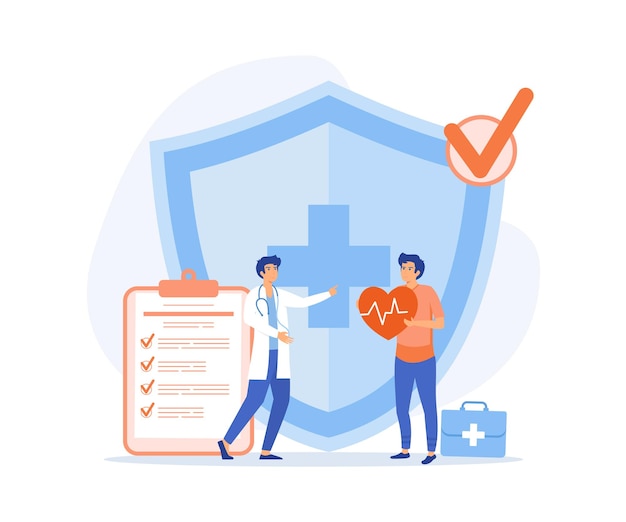 Health insurance concept scene doctor and patient with shield protection background flat vector modern illustration