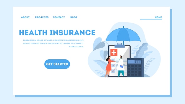 건강 보험 개념 웹 배너입니다. 사람과 그것에 문서와 함께 큰 클립 보드에 서있는 의사. 의료 및 의료 서비스. 삽화