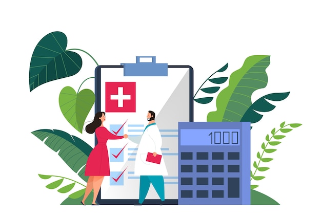 건강 보험 개념 웹 배너입니다. 사람과 그것에 문서와 함께 큰 클립 보드에 서있는 의사. 의료 및 의료 서비스. 삽화