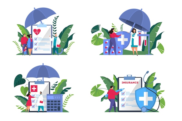 건강 보험 개념 웹 배너 세트입니다. 그것에 문서와 함께 큰 클립 보드에 서있는 사람들. 의료 및 의료 서비스. 삽화