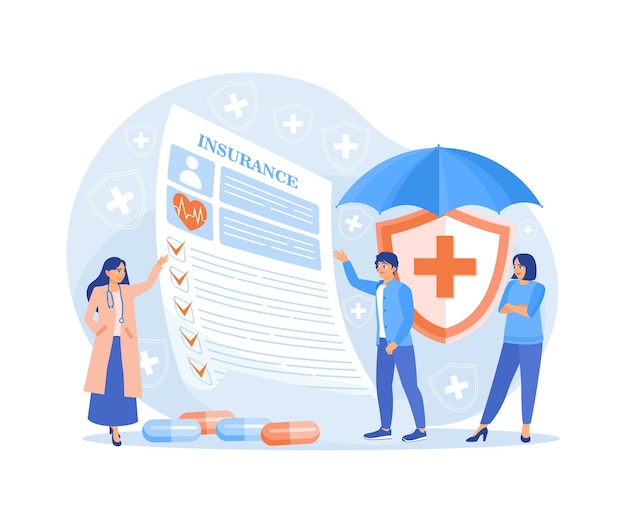 Health insurance coverage and modern medicine the patient fills out a health insurance contract health insurance concept flat vector illustration