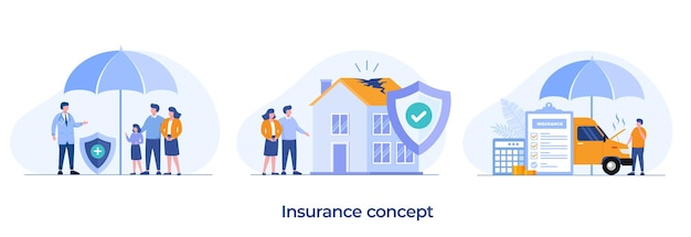 Vector health insurance family insurance car insurance financial protection umbrella healthcare landing page flat illustration vector template