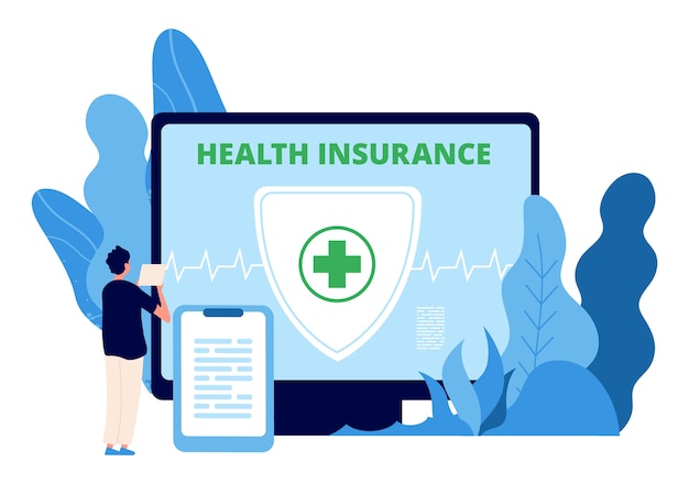 Vector health insurance. healthcare business . man takes out health insurance online