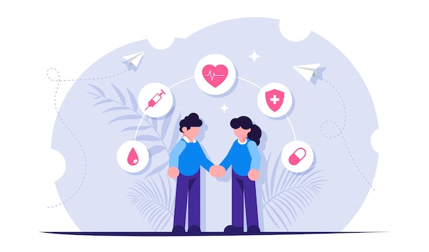 Vector health insurance or healthcare concept. people hold hands against the background of medical icons.