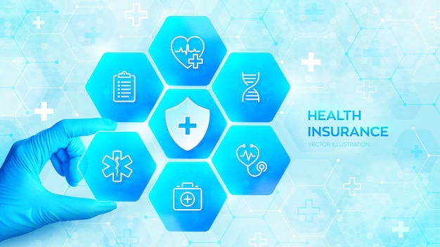 Assicurazione sanitaria sanità servizi medici mano nel guanto blu inserisce un elemento in una composizione con icone mediche che visualizzano l'assicurazione medica protezione antivirus illustrazione vettoriale