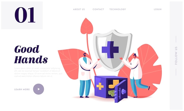 Vector health insurance landing page template. tiny doctor characters holding huge shield near safe with money. life protection, secure and financial guarantee contract. cartoon people vector illustration